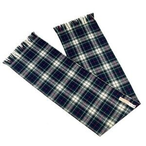 Pendleton Vintage 70s Plaid Wool Scarf With Fringe Navy Blue Green Ivory USA